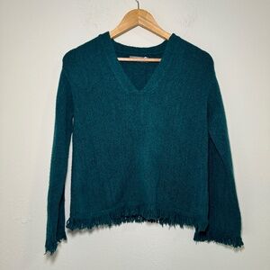 Anthropologie Sweater Women's XS Green Joy Fringed V-Neck Wool Alpaca Blend Boho